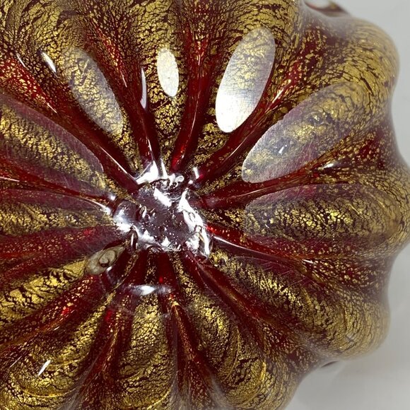 Vintage Deep Red Gold Flecks Inlay Art Glass Mid Century Bowl Trinket Dish - Picture 12 of 13